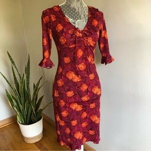 90s sexy dress pink red orange roses bodycon fitted 3/4 sleeves v-neck floral